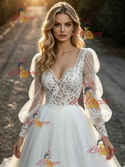 White Tulle Lace Long Sleeve Wedding Dress