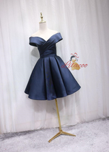 Navy Blue Satin Off the Shoulder Pleats Homecoming Dress