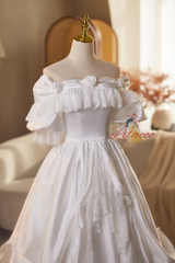 White Satin Off the Shoulder Puff Sleeve Wedding Dress