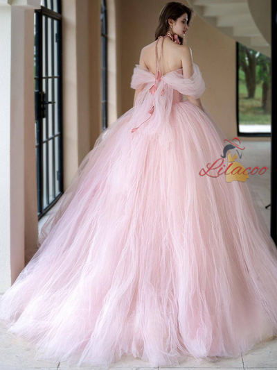 Pink Ball Gown Off the Shoulder 3D Flower Prom Dress