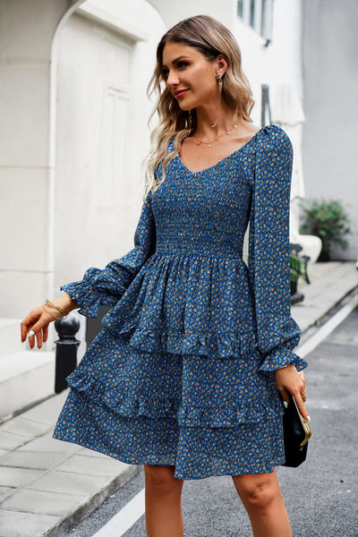 Holiday Leisure Floral V-neck Long Sleeve Dress