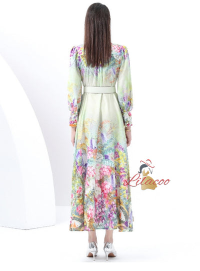 Retro Printed Long Sleeve Dress