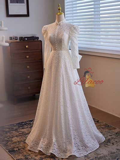 White Lace Long Sleeve High Neck Wedding Dress