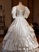 Vintage White Satin Appliques Wedding Dress