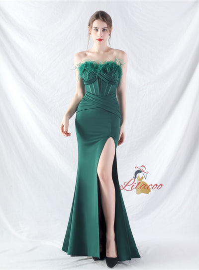 Mermaid Strapless Split Pleats Prom Dress