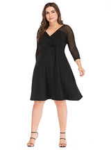 V-neck Solid Color Mesh Stitching Dress