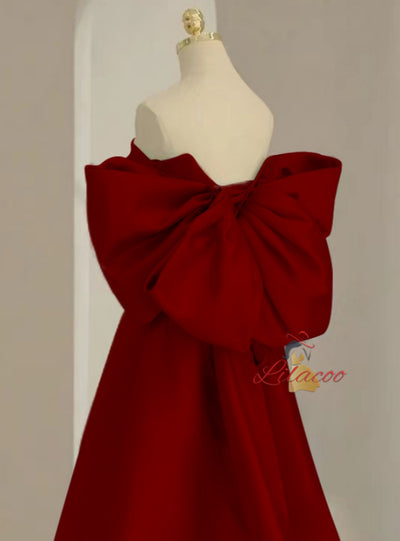 Burgundy Satin Off the Shoulder Bow Prom Dress
