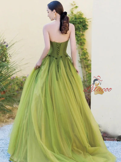 Green Tulle Strapless Bow Prom Dress