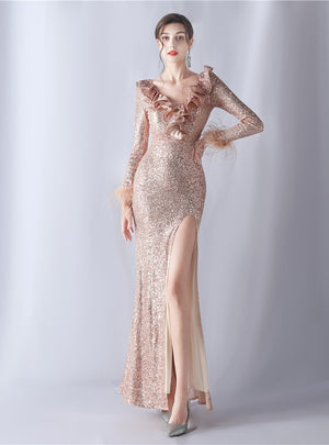Long Sleeve V-neck Sequins Prom Dress