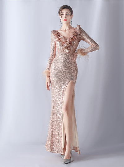 Long Sleeve V-neck Sequins Prom Dress