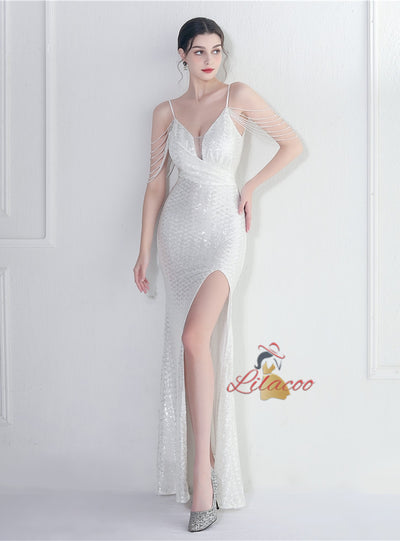 Mermaid Sequins Spaghetti Straps Beading Prom Dress