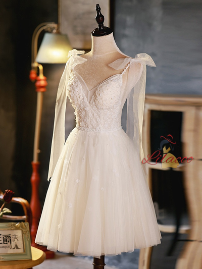 Ivory White Straps Tulle Beading Homecoming Dress
