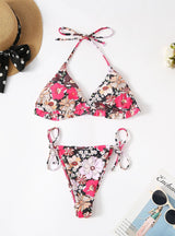 Pink Floral Printed Pleated Triangle Bikini
