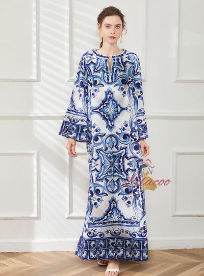 Retro Printed Round Neck Loose Flared Sleeves Dress
