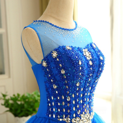 Blue Tulle Backless Beading Homecoming Dress
