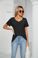 Thin V-neck Pleated Casual T-shirt