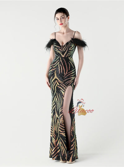 Mermaid Sequins Spaghetti Straps Split Prom Dress