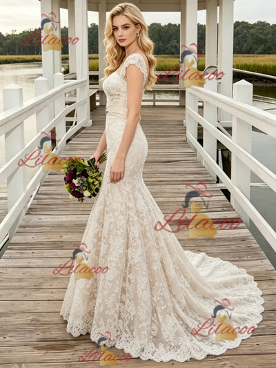 Champagne Mermaid Lace Cap Sleeve Wedding Dress