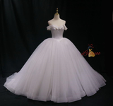 White Tulle Off the Shoulder Pearls Wedding Dress