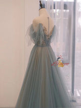 Blue Tulle Pleats Sequins Prom Dress