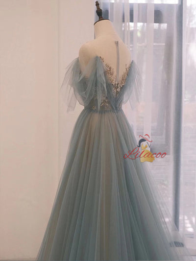 Blue Tulle Pleats Sequins Prom Dress
