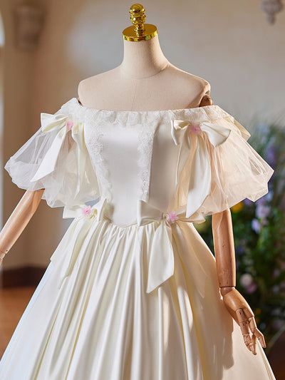 Ivory Satin Lace Puff Sleeve Bow Wedding Dress