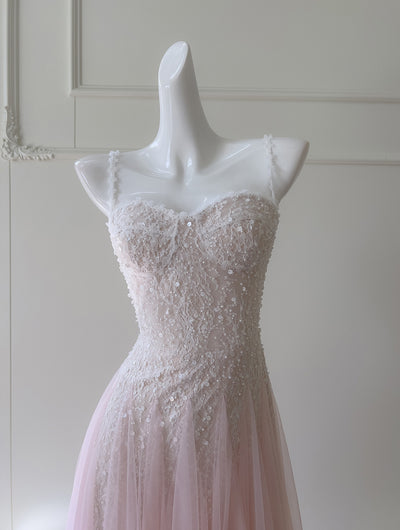 Pink Tulle Lace Straps Prom Dress