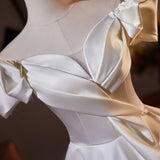 White Pleats Satin Off the Shoulder Wedding Dress