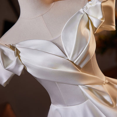 White Pleats Satin Off the Shoulder Wedding Dress