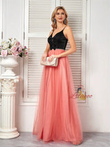 Pink Tulle Black Bow Straps Prom Dress
