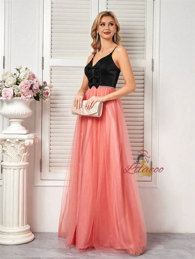 Pink Tulle Black Bow Straps Prom Dress