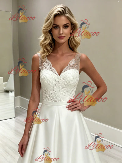 White Satin V-neck Wedding Dress