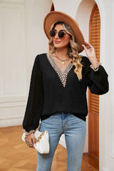 Lace V-neck Stitching Lace Long Sleeves Shirt