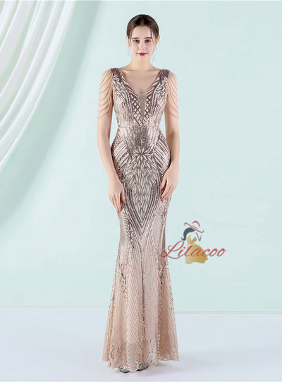 Mermaid V-neck Sequins Beading Prom Dress