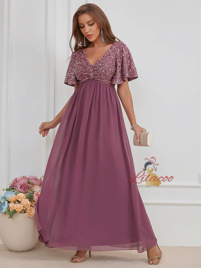 V-neck Sequined Chiffon Dress