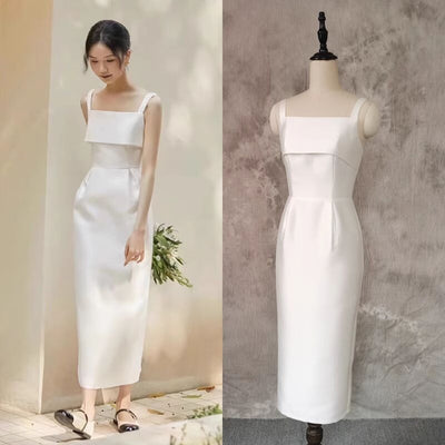 White Satin Spaghetti Straps Wedding Dress