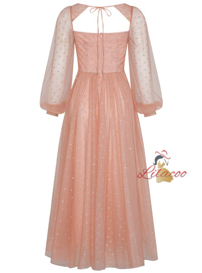 Pink Tulle Sequins Long Sleeve Prom Dress