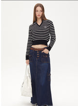 Pink Striped V-neck Lapel Top