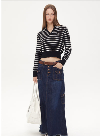 Pink Striped V-neck Lapel Top