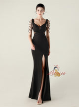 Mermaid Split Straps Pleats Beading Prom Dress