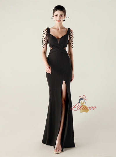 Mermaid Split Straps Pleats Beading Prom Dress