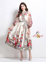 Retro Palace Printed V-neck Lantern Long Sleeve Dress