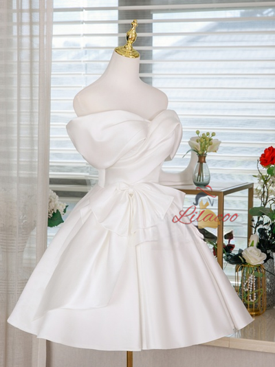 White Satin Pleats Bow Wedding Dress