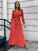V-neck Long-sleeved Pleated Long Dress