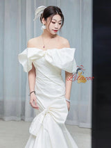White Mermaid Satin Pleats Wedding Dress With Bow