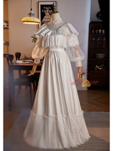 White Satin Lace Long Sleeve High Neck Wedding Dress
