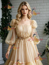Champagne Tulle Long Sleeve Pleats Prom Dress