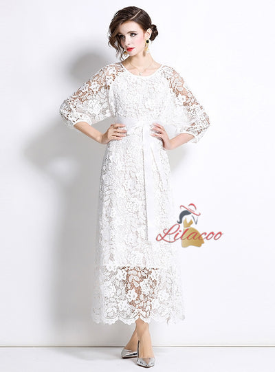 Long Sleeve Round Neck Slim Waist Lace Dress