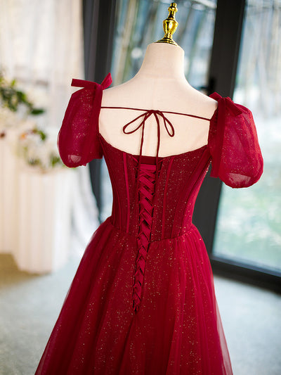Burgundy Tulle Puff Sleeve Beading Prom Dress