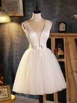 Ivory Tulle Satin V-neck Homecoming Dress